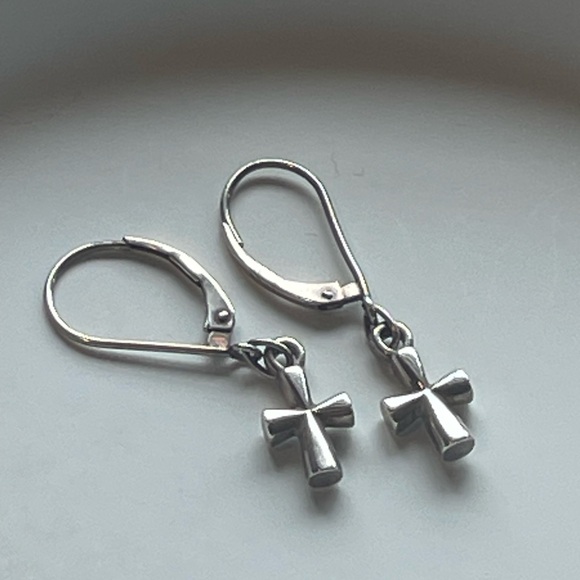 James Avery Retired Sterling Silver St. Teresa Cross Dangle Lever Back Earrings - Picture 3 of 7